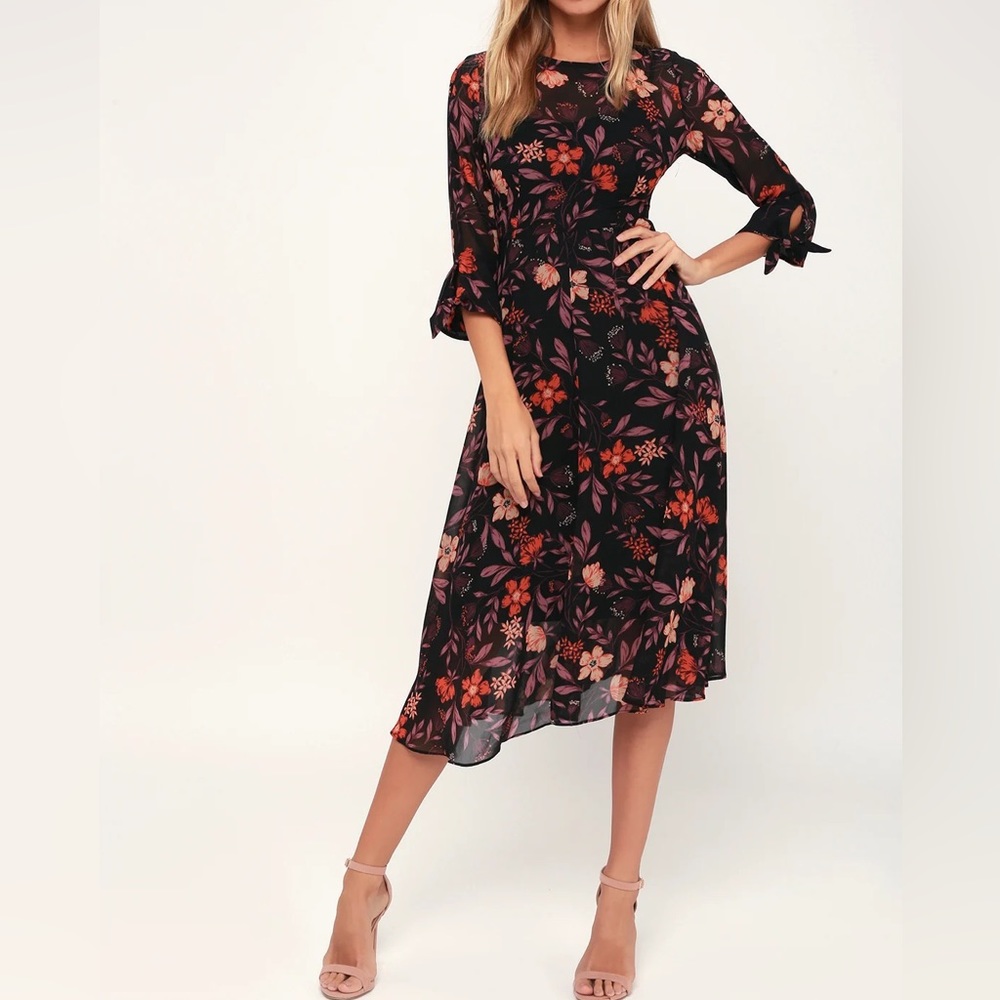 Passionate Love Black Floral Print Midi Dress